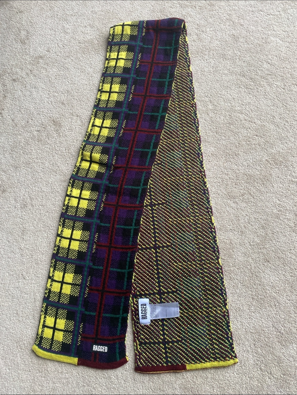 Ragged Yellow and Purple Plaid Knit Scarf